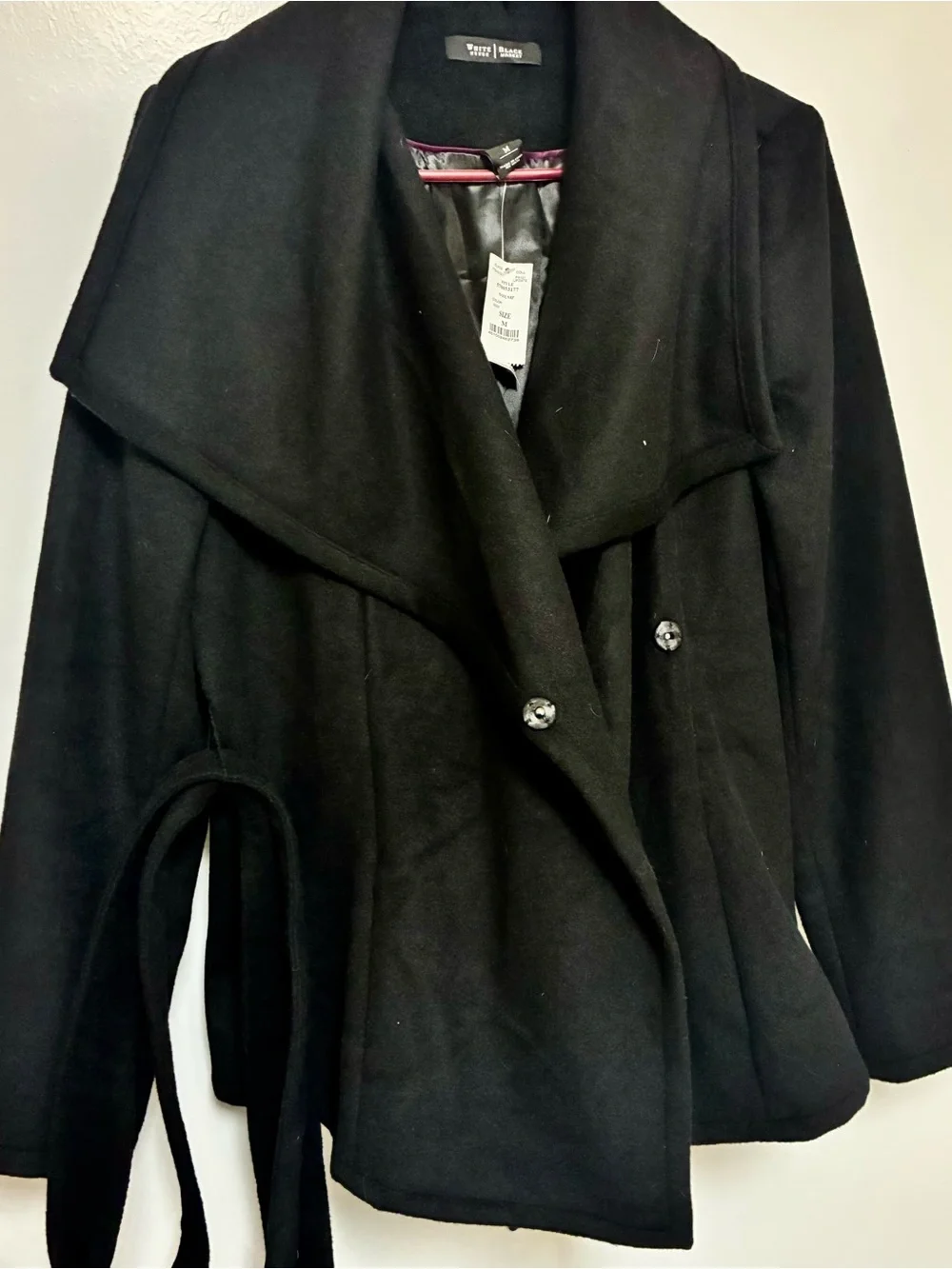 NWT White House Black Market Black Shawl Collar Wool-Blend Wrap Coat w belt